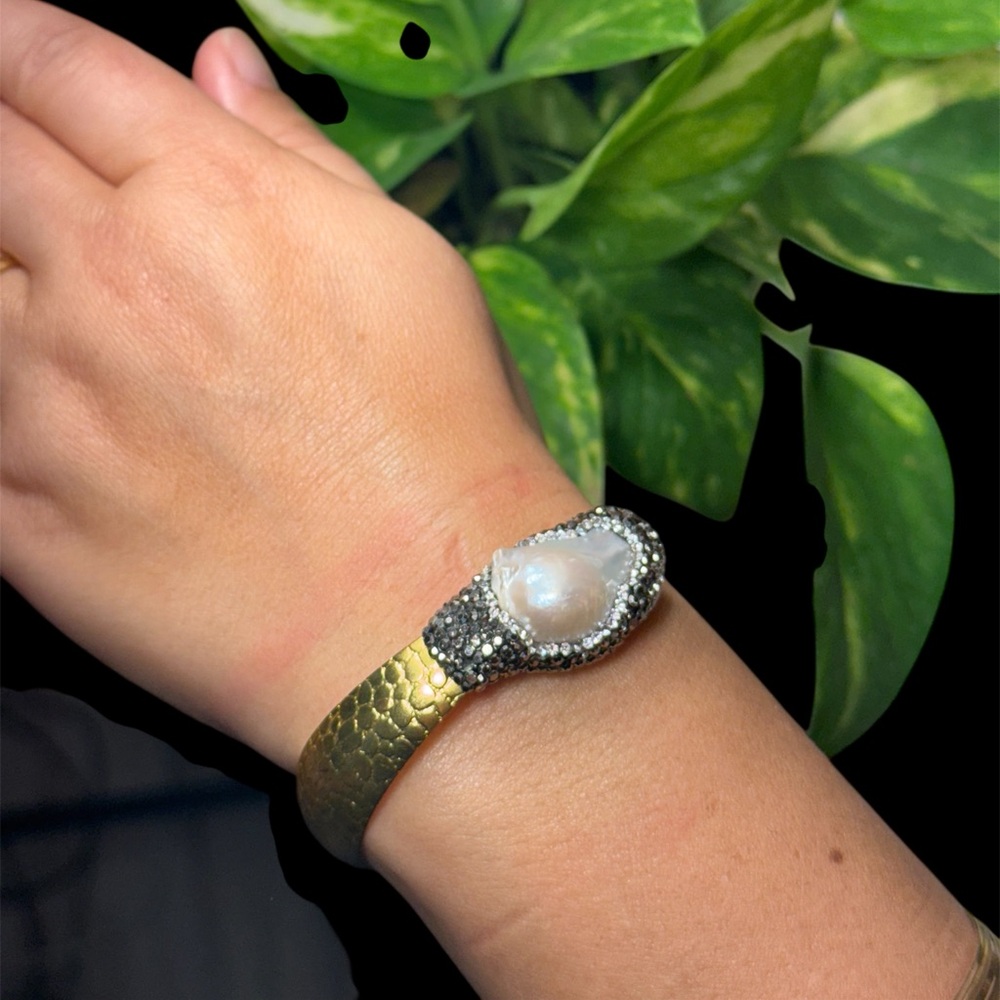 Natural Baroque Pearl & CZ Cuff Bracelet - Gold Textured Finish